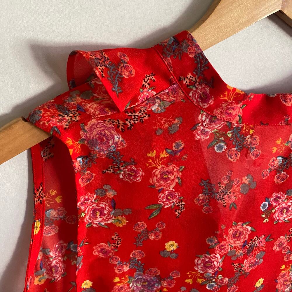 cAbi Crush Floral Ruffle Sleeveless Blouse Red Sheer Top Size S - Picture 16 of 17